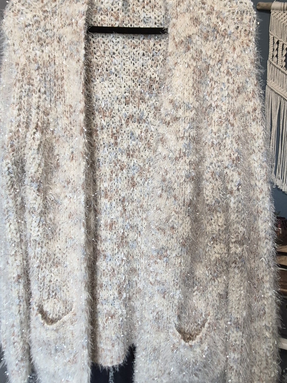 Maurices Cozy Open-Front Fuzzy Cardigan In Cream With Gray Brown And Sparkle
